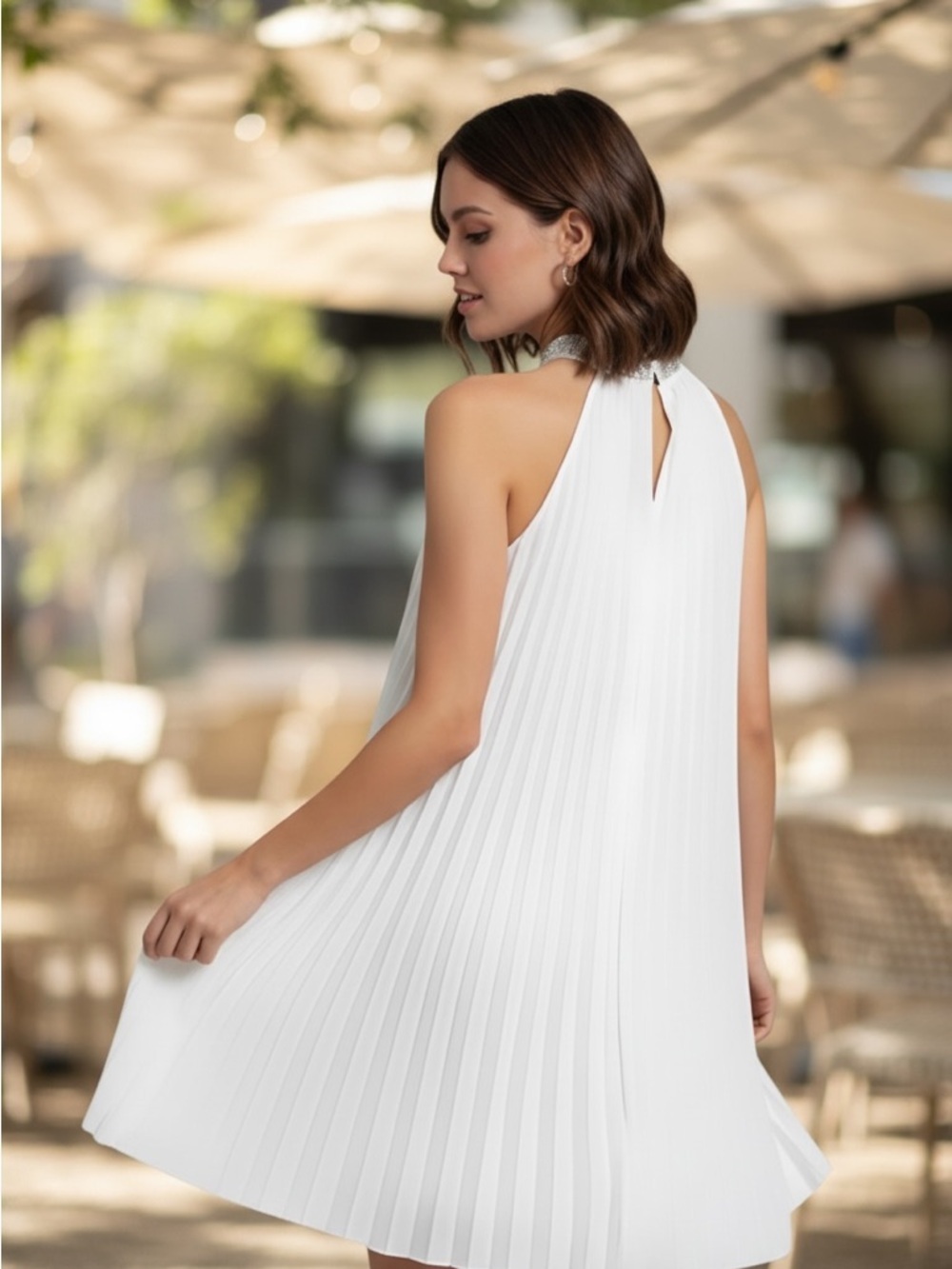 White Pleated Halter Swing Dress with Sequin Collar  | Elegant and Flowy - Picture 8 of 8
